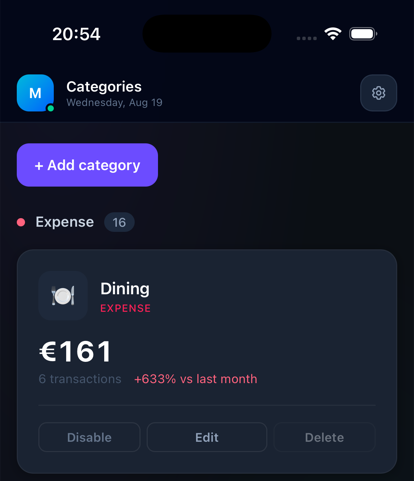 Real screenshot of the Nesti app Categories screen