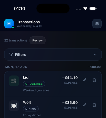 Real screenshot of the Nesti app Transactions screen